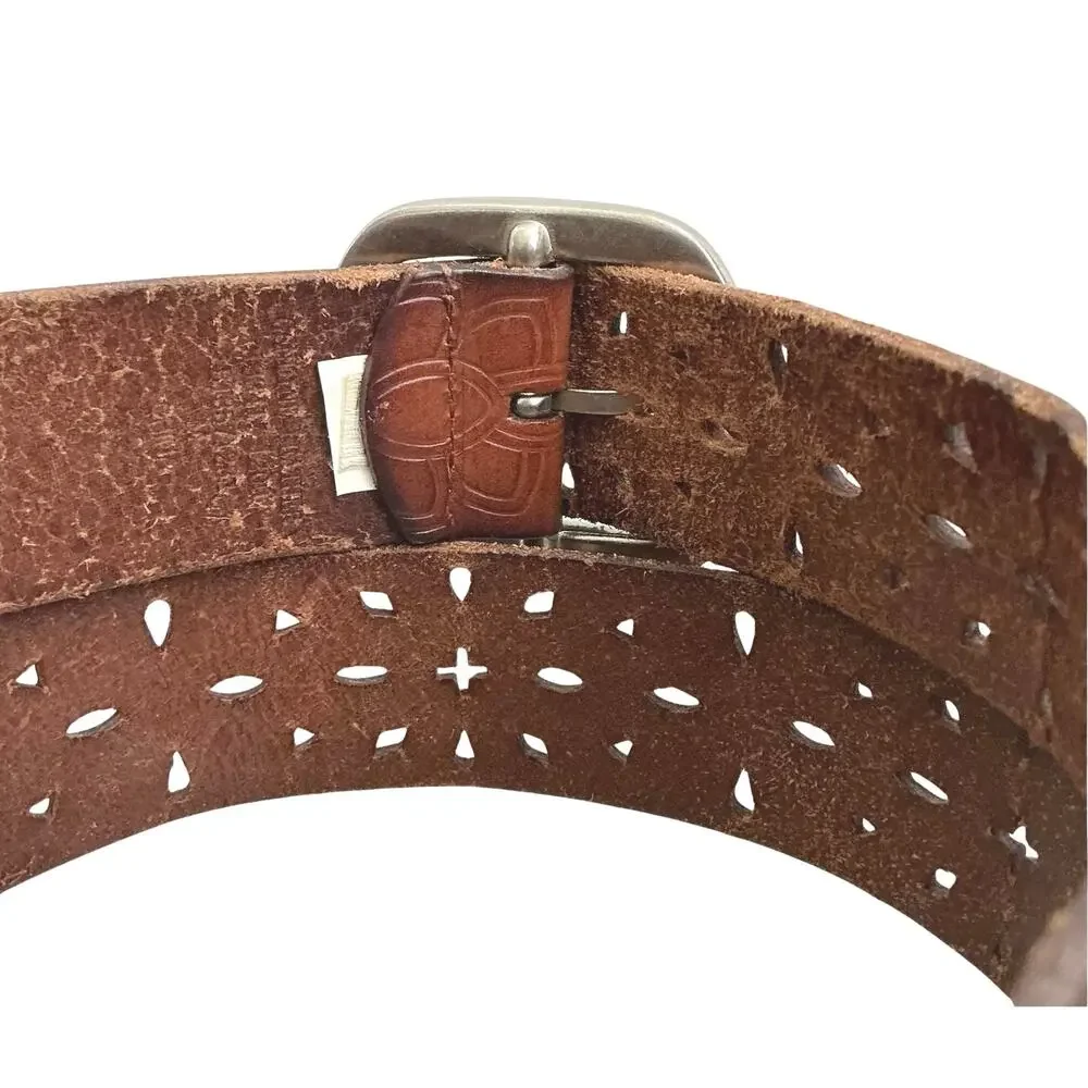 Fossil Western Floral Geometric Embossed Laser Cut Brown Leather Belt Size M